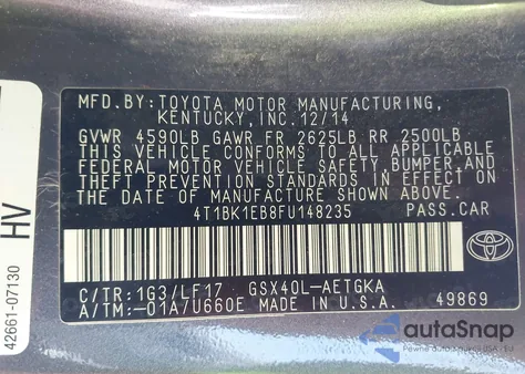 2015 Toyota Avalon Xle Premium из США, поврежденный, VIN 4T1BK1EB8FU148235